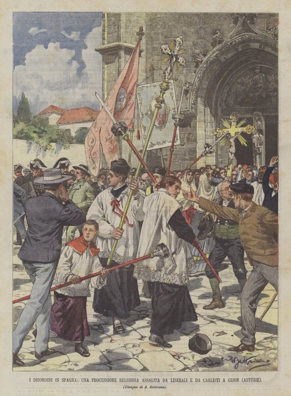 As desordens na Espanha, uma procissão religiosa atacada por liberais e carlistas em Gijon (Astúrias) de Achille Beltrame
