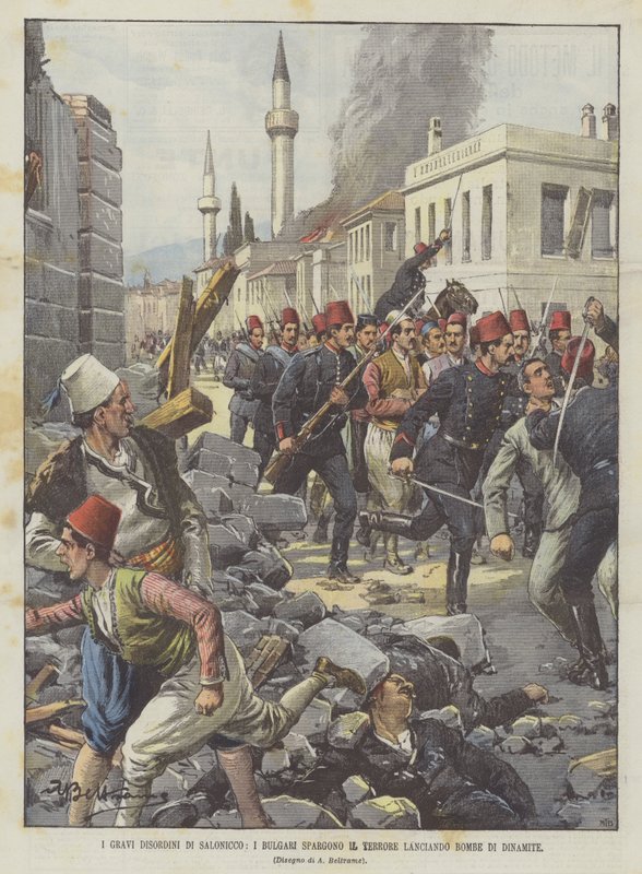 As desordens graves de Thessaloniki, os búlgaros espalharam o terror lançando bombas de dinamite de Achille Beltrame
