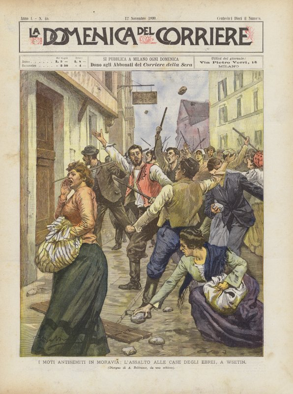 Os movimentos anti-semitas na Morávia, o assalto das casas judaicas, em Wsetin de Achille Beltrame