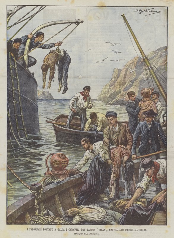 Os mergulhadores levam Galla aos cadáveres de Galavian do naufrágio do Líbano em Marselha de Achille Beltrame