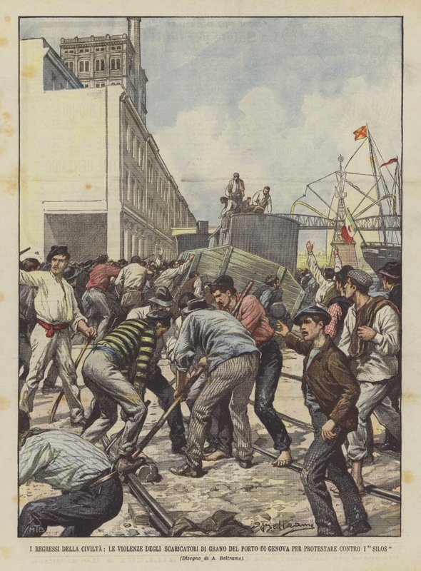 Regresses da civilização, a violência dos descarregadores de grãos do porto de Gênova para protestar contra os silos de Achille Beltrame