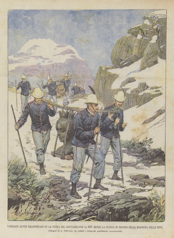 Os soldados alpinos continuam em Punta Del Rocciamelone (a 3537 metros) A estátua de bronze do de Achille Beltrame