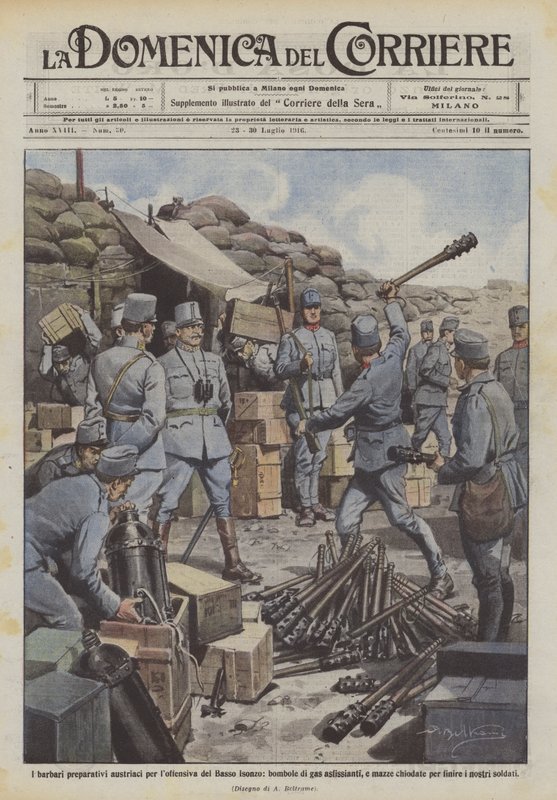 Os preparativos bárbaros austríacos para a ofensiva do Lower Isonzo, garrafas de gás asfixiantes de Achille Beltrame
