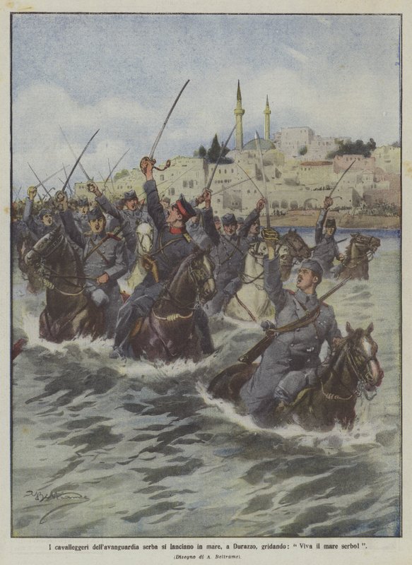 Cavaleiros da vanguarda sérvia lançam-se ao mar, em Durres, gritando: Viva o mar de Achille Beltrame