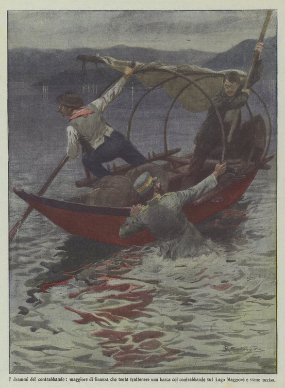 Os dramas do contrabando, o major das finanças tentando manter um barco com o contrabando de Achille Beltrame
