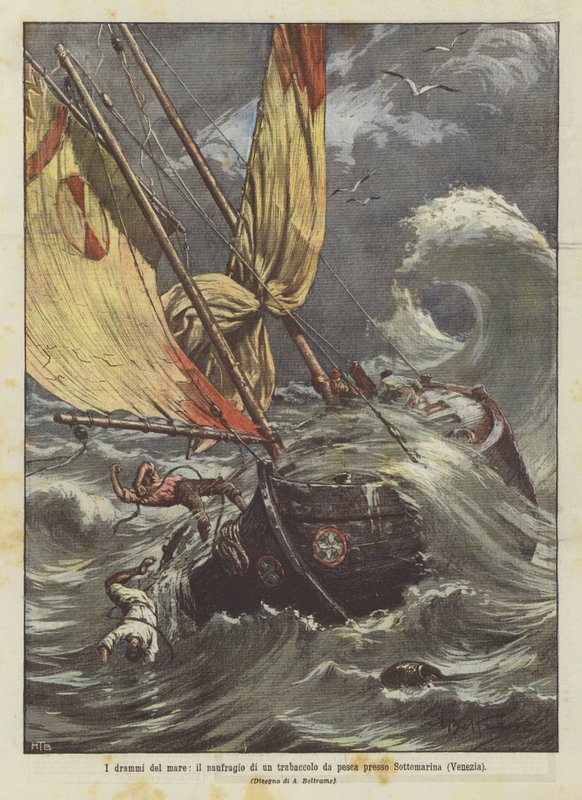 Os dramas do mar, o naufrágio de um trabaccolo de pesca em Sottomarina (Veneza) de Achille Beltrame