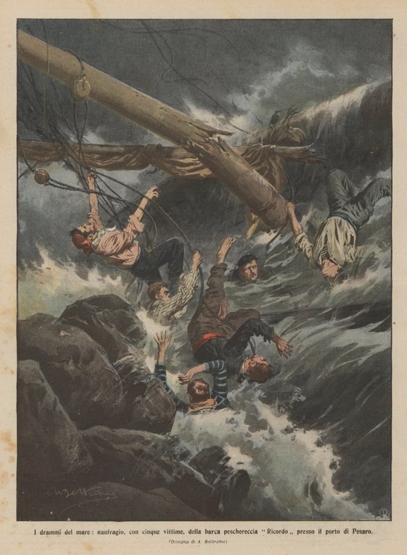 Os dramas do mar, naufrágio, com cinco vítimas, do barco pesqueiro de que me lembro no porto de Pesaro de Achille Beltrame