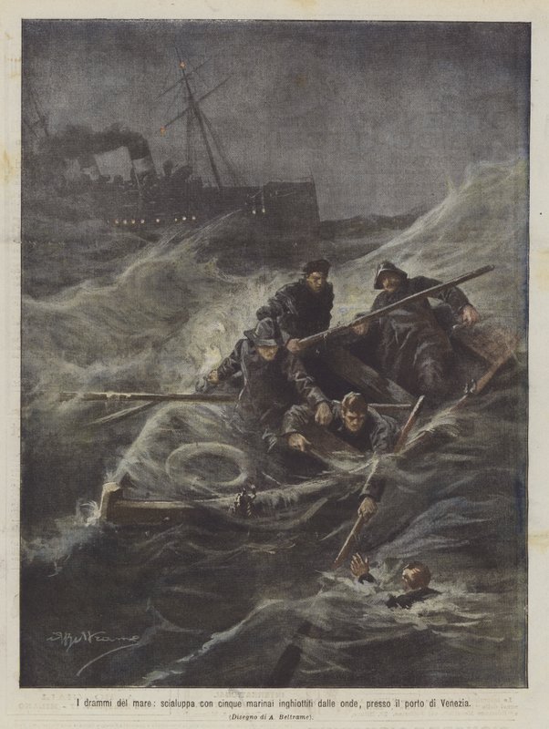 Os dramas do mar, com cinco marinheiros engolidos pelas ondas, perto do porto de Veneza de Achille Beltrame