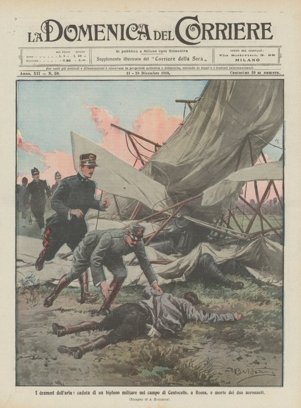 Os dramas do ar, a queda de um biplano militar no campo de Centocelle, em Roma, e a morte dos dois aeronautas de Achille Beltrame
