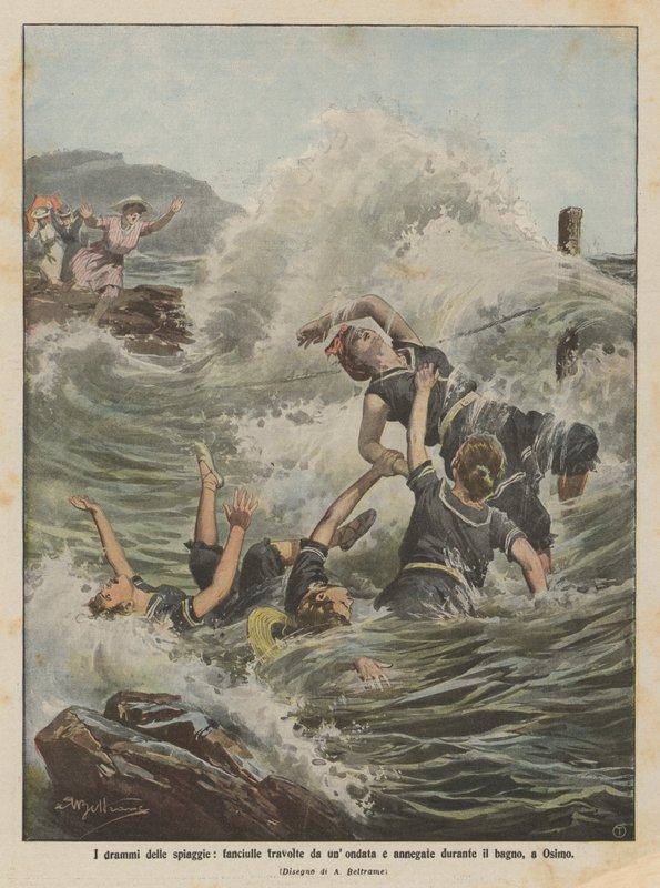 Os dramas das praias, meninas varridas por uma inundação e se afogaram durante o banho, em Osimo de Achille Beltrame