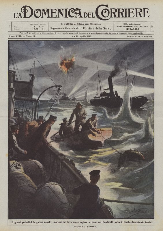 Os grandes perigos da guerra naval, os marinheiros que trabalham para remover as minas de Dardanelos de Achille Beltrame