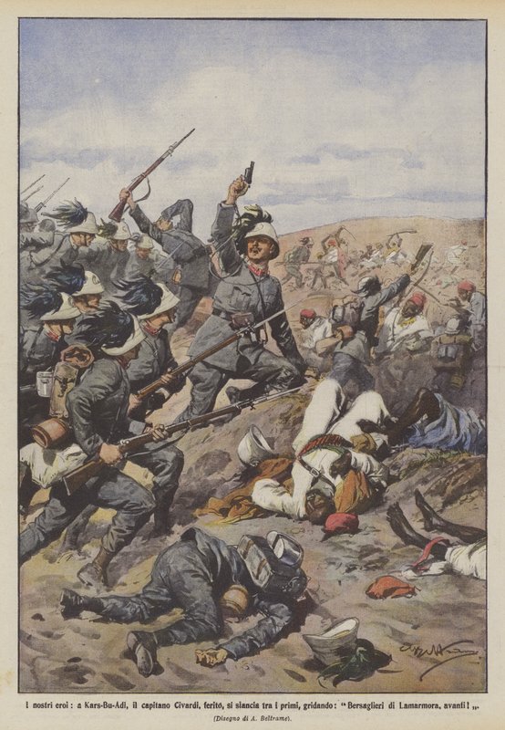 Nossos heróis, em Kars-Bu-Adi, o capitão Civardi, feridos, correm entre os primeiros, gritando de Achille Beltrame