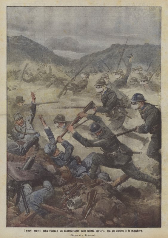 Os novos aspectos da guerra, um contra-ataque da nossa infantaria, com capacetes e máscaras de Achille Beltrame