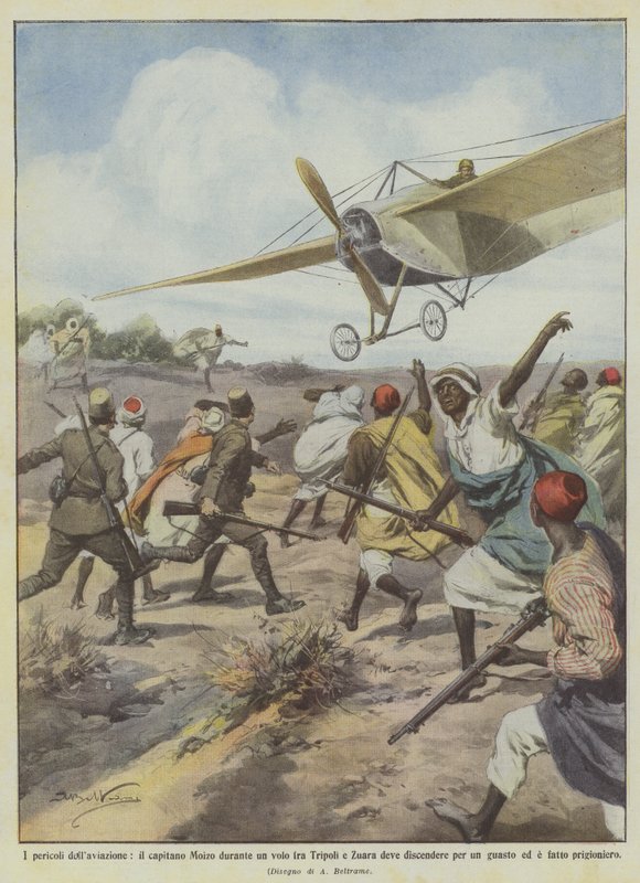 Os perigos da aviação, capitão Moizo durante um vôo entre Trípoli e Zuara deve descer de Achille Beltrame