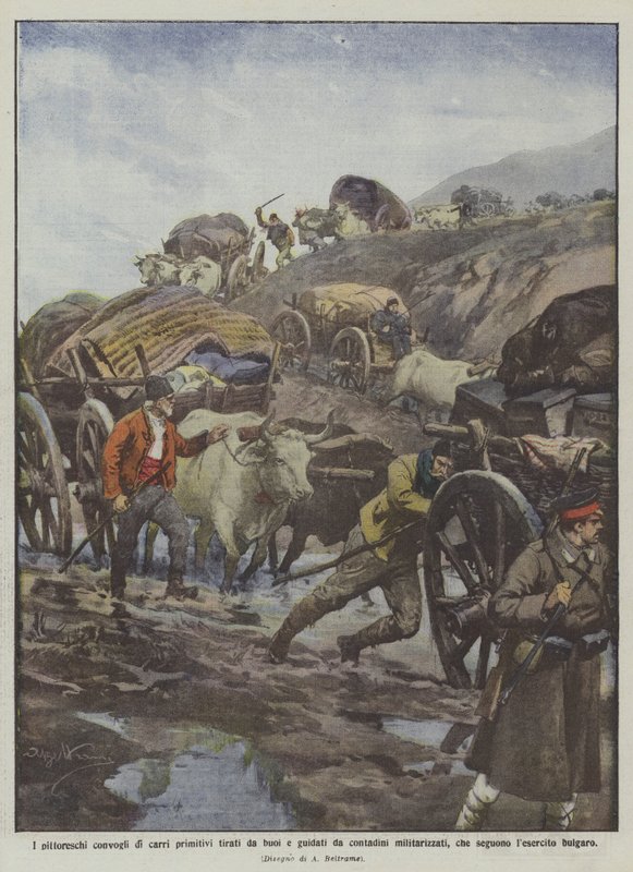 Os pitorescos comboios de carros primitivos puxados por bois e liderados por camponeses militarizados de Achille Beltrame