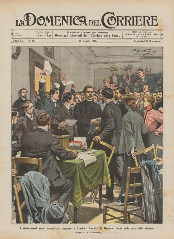 Os revolucionários russos se reuniram em um congresso em Londres, a chegada de Massimo Gorki na sala de reuniões de Achille Beltrame