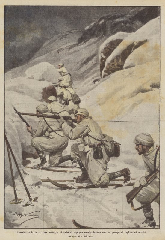 Soldados da neve, uma patrulha de esquiadores em combate com um grupo de exploradores inimigos de Achille Beltrame