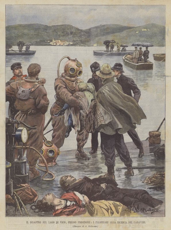 O desastre no lago Di Vico, Frosinone, os mergulhadores em busca de cadáveres de Achille Beltrame