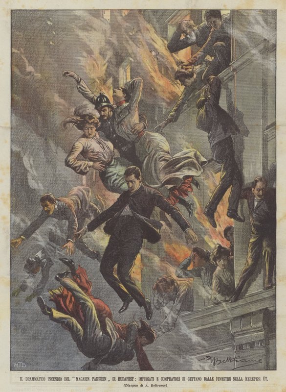 O fogo dramático do Magasin Parisien de Budapeste, funcionários e compradores estão jogando de Achille Beltrame