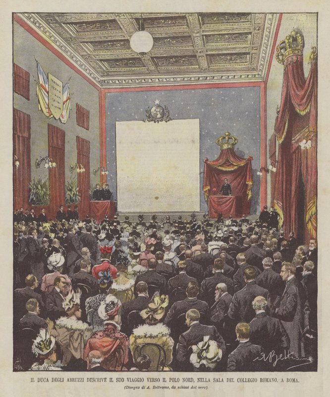 O duque de Abruzzi descreve sua jornada rumo ao Pólo Norte, na Sala Del Collegio Romano, em Roma de Achille Beltrame