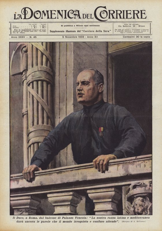 O Duce, em Roma, da varanda do Palazzo Venezia, continuará a nossa corrida latina e mediterrânea de Achille Beltrame