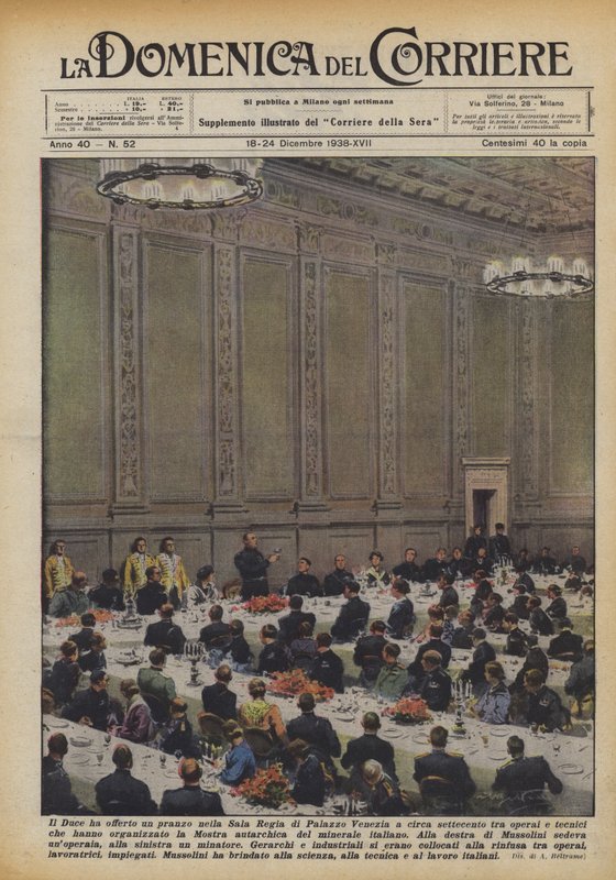 O Duce ofereceu um almoço na Sala Regia do Palazzo Venezia para cerca de setecentos trabalhadores de Achille Beltrame