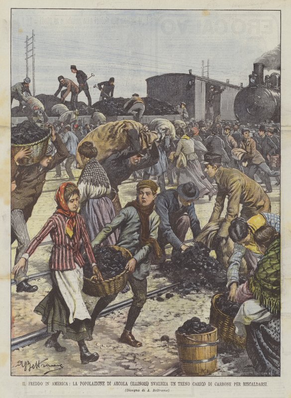 O frio na América, a população de Arcola (Illinois) protege um trem de carvão para aquecer de Achille Beltrame