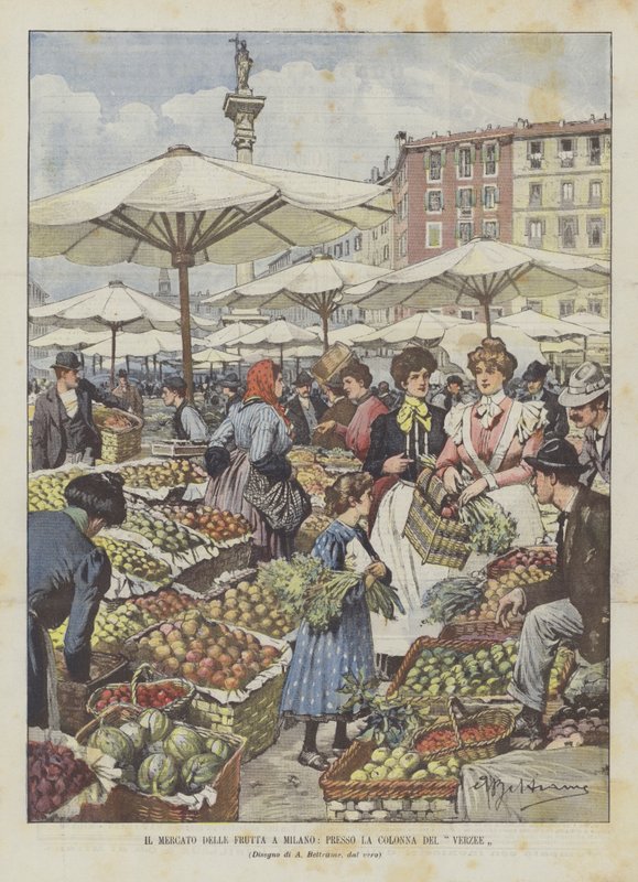 O mercado de frutas em Milão, em La Colonna Del Verzee de Achille Beltrame