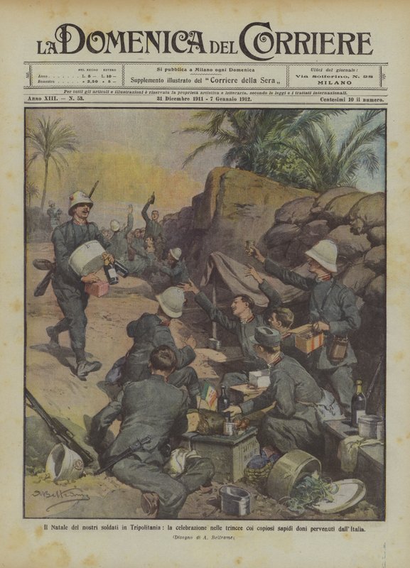 O natal dos nossos soldados na Tripolitânia, a celebração nas trincheiras com o copioso sádido de Achille Beltrame