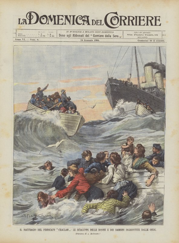 O naufrágio do navio Ckallam, os botes salva-vidas de mulheres e crianças tragadas pelas ondas de Achille Beltrame