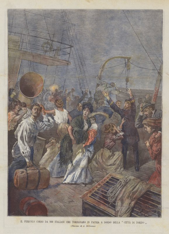 O curso de perigo de 900 italianos que retornaram à sua terra natal a bordo da cidade de Turim de Achille Beltrame