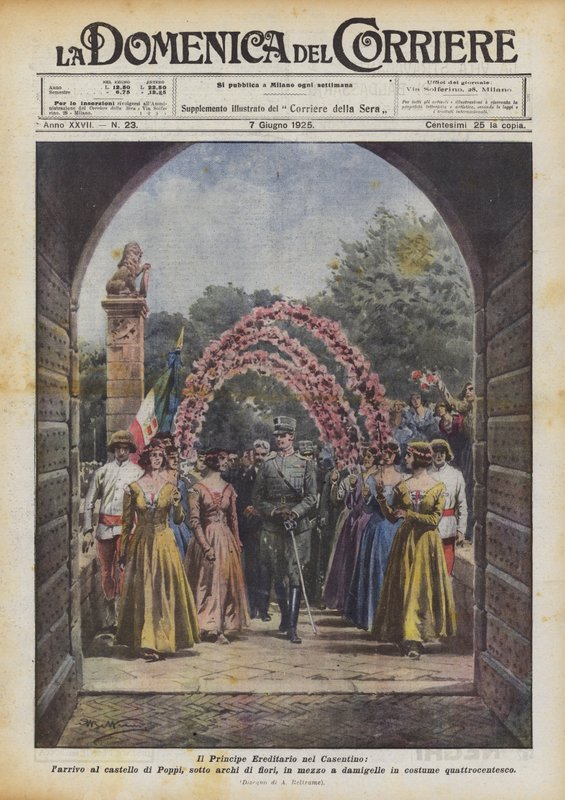 O príncipe herdeiro no Casentino, a chegada ao castelo de Poppi, sob arcos de flores de Achille Beltrame