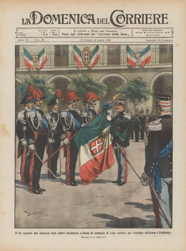 O rei pendura a medalha de valor militar para a bandeira dos estudantes Carabinieri em Roma de Achille Beltrame
