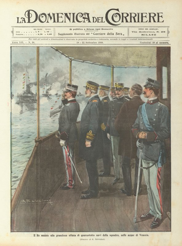 O rei participa do grandioso desfile de quarenta e oito navios da equipe, nas águas de Veneza de Achille Beltrame
