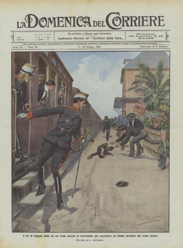 O rei da Espanha pula de um trem ainda em movimento para resgatar uma criança atingida pelo próprio trem de Achille Beltrame