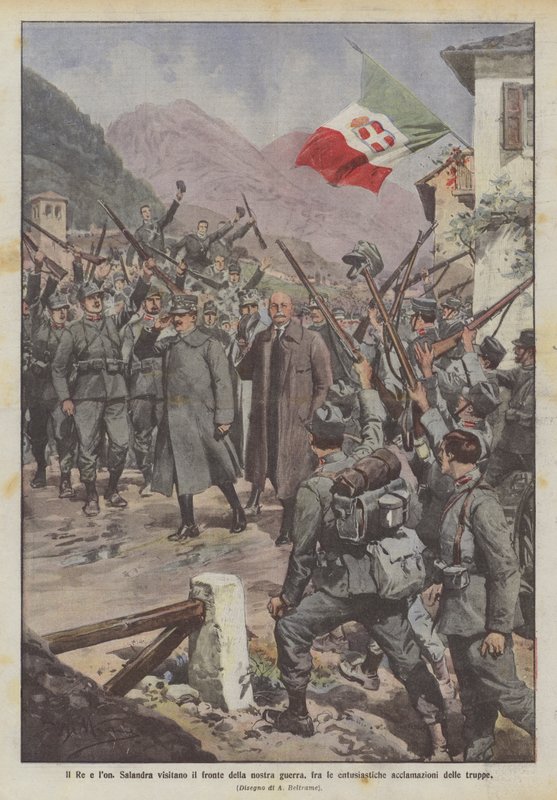 O rei e lon, Salandra visitam a frente da nossa guerra, entre as aclamações entusiastas das tropas de Achille Beltrame