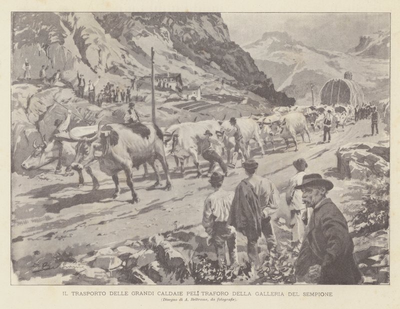 Transporte de caldeiras grandes Pel Túnel da Galeria Simplon de Achille Beltrame