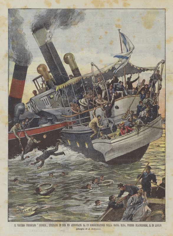 O velho Primus Steamer quebrado em dois e afundado por um rebocador no baixo Elba de Achille Beltrame