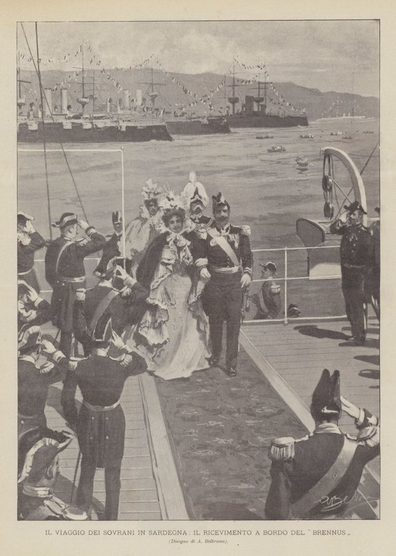 A viagem dos soberanos na Sardenha, a recepção a bordo do Brennus de Achille Beltrame