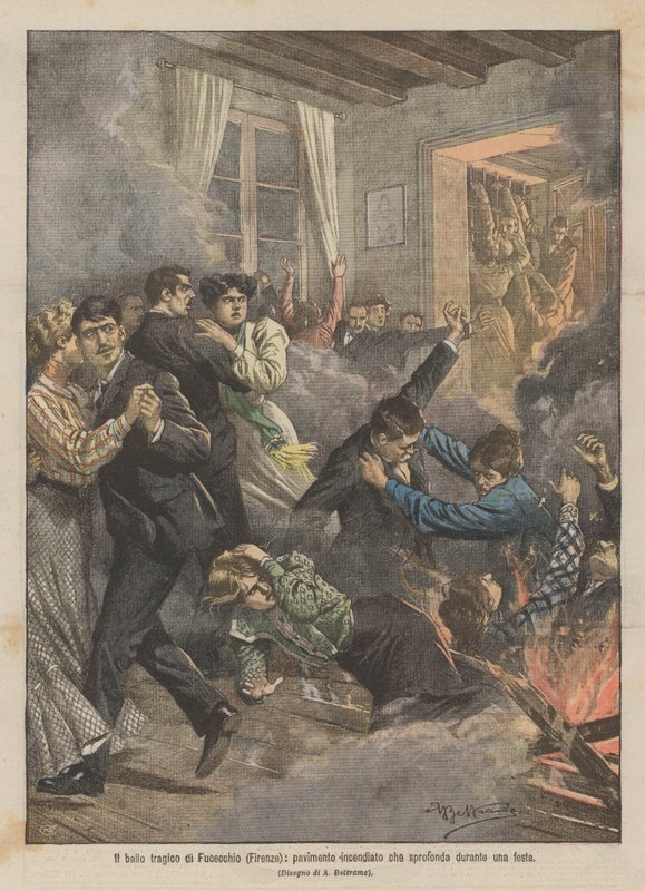A trágica dança de Fucecchio (Florença), um chão em chamas que desmorona durante uma festa de Achille Beltrame