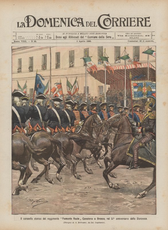 O carrossel histórico do regimento Piemonte Reale Cavalleria em Brescia, no 57º aniversário de Storzesca de Achille Beltrame