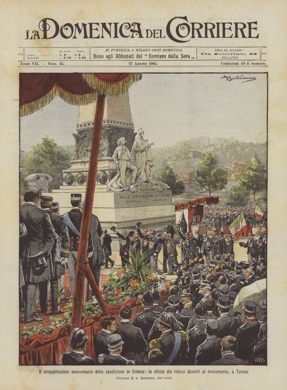 O quinquagésimo aniversário da expedição à Criméia, o desfile de veteranos em frente ao monumento, em Turim de Achille Beltrame