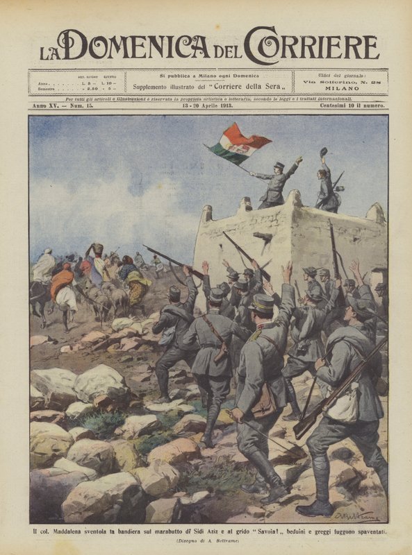 A Maddalena acenando a bandeira no marabout de Sidi Aziz e o grito de Savoy! de Achille Beltrame