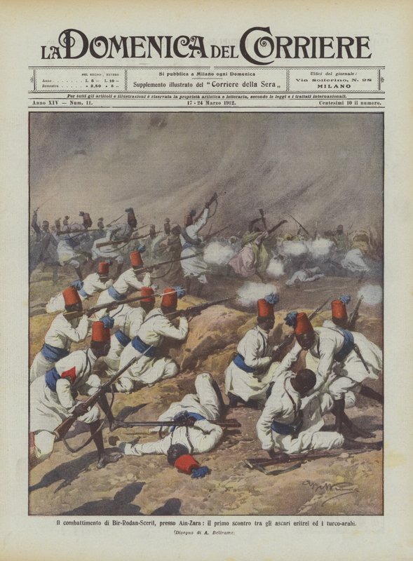 A luta Bir-Rodan-Scerif, em Ain-Zara, o primeiro confronto entre os ascari eritreus e os turcos-árabes de Achille Beltrame