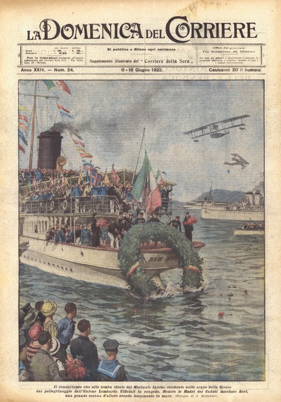 O ritual em movimento para o túmulo ideal do Marinheiro Desconhecido, celebrado nas águas de La Spezia de Achille Beltrame