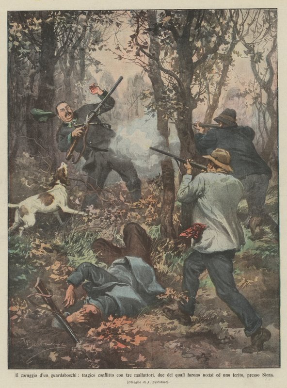 A coragem de um guarda florestal, um trágico conflito com três malfeitores, dois dos quais foram mortos de Achille Beltrame