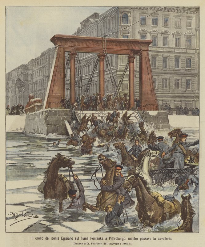 O colapso da ponte egípcia sobre o rio Fontanka em Petersburgo, enquanto a cavalaria passava de Achille Beltrame