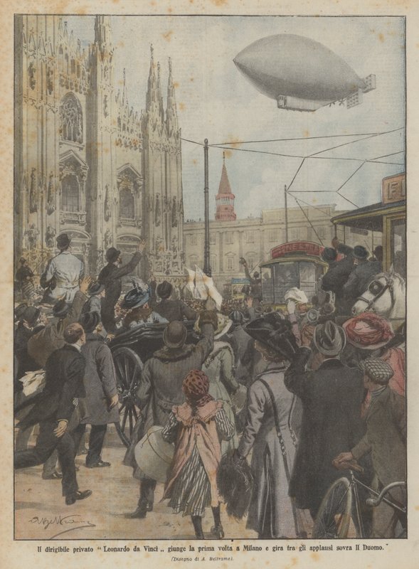 O dirigível privado de Leonardo da Vinci chegou pela primeira vez a Milão e pediu aplausos sobre o Duomo de Achille Beltrame