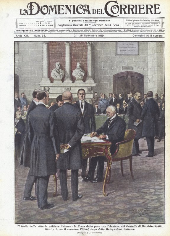 O fruto da vitória militar italiana, a assinatura da paz com a Áustria, no Castelo de Saint-Germain de Achille Beltrame