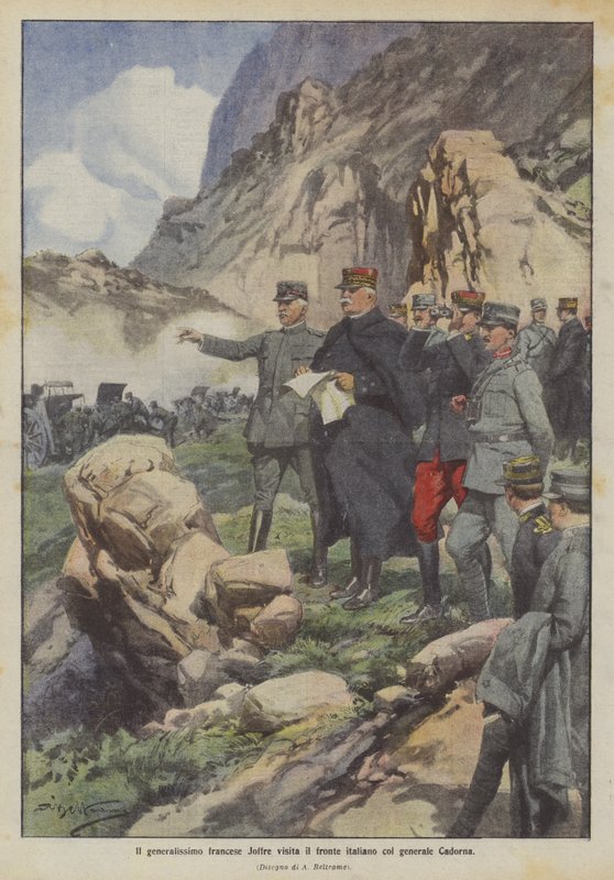O general francês Joffre visita a frente italiana com o General Cadorna de Achille Beltrame